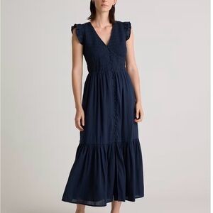Quince Organic Textured Cotton Smocked V-Neck Midi Dress